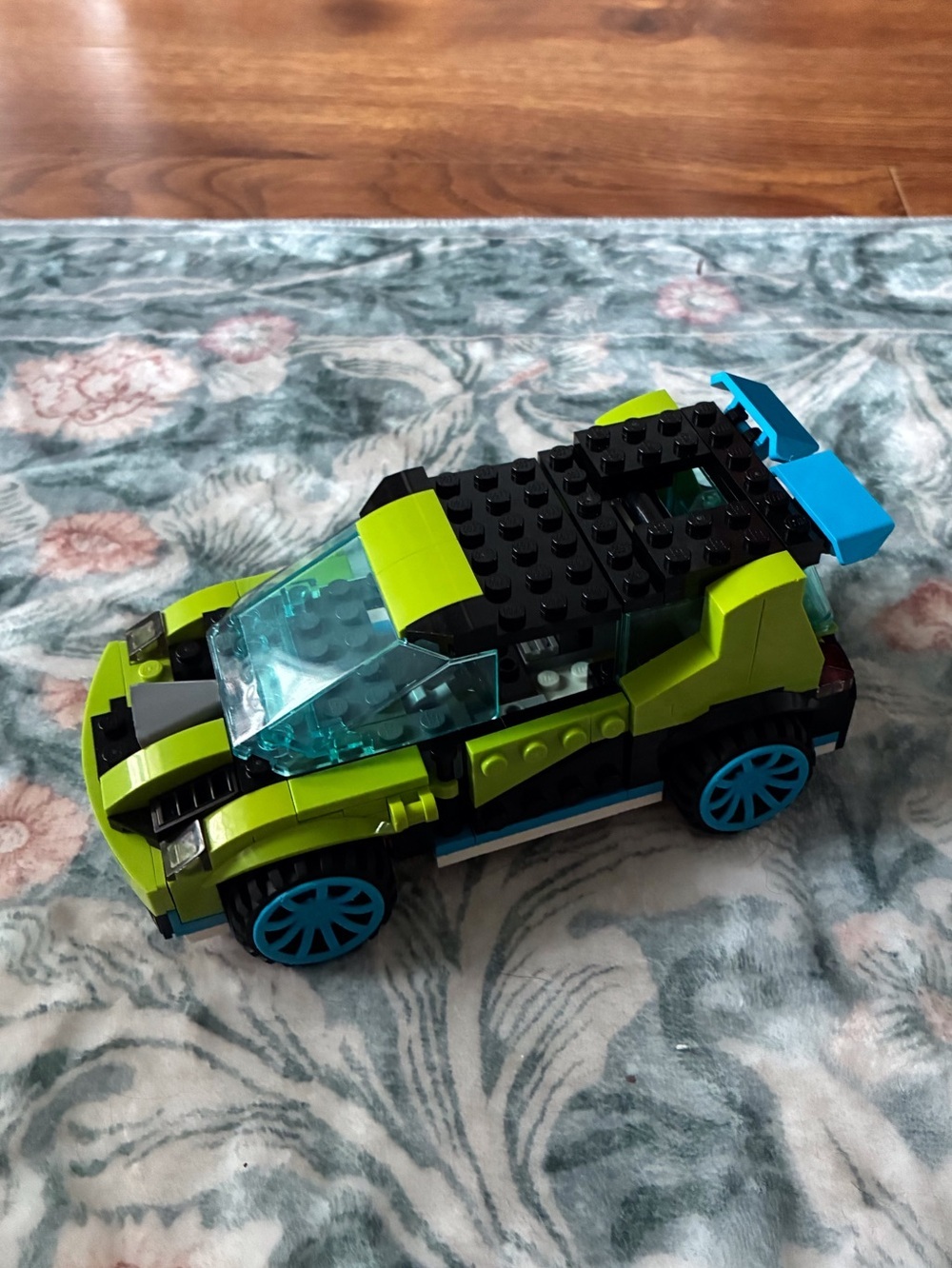 LEGO-Style Kids Racing Car Toy — Bright Lime & Blue